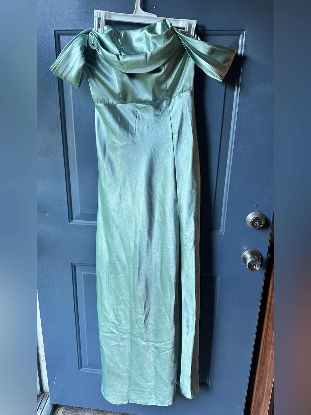 Birdy Grey Sage Green Mia Satin Off the Shoulder Bridesmaids Dress